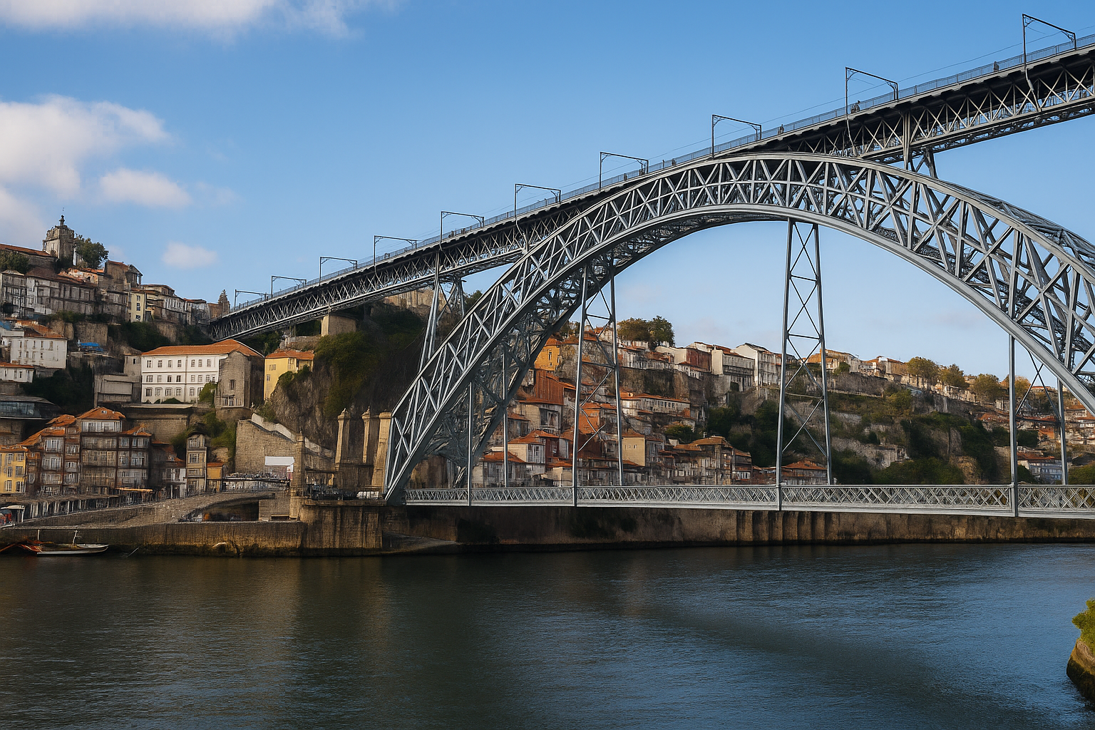 Ponte Luís I a ligar o Porto a Vila Nova de Gaia sobre o rio Douro