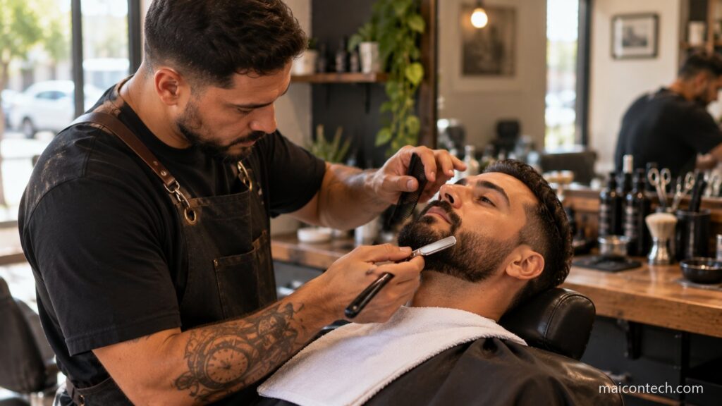 Barbeiro de avental escuro a aparar a barba de um cliente com navalha numa barbearia de bairro com luz natural