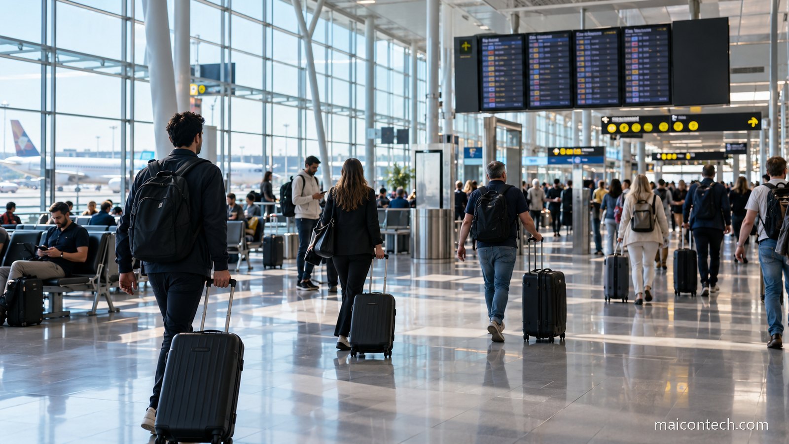 Passageiros com bagagem de mao a atravessar o terminal de um aeroporto, com os paineis de voos ao fundo