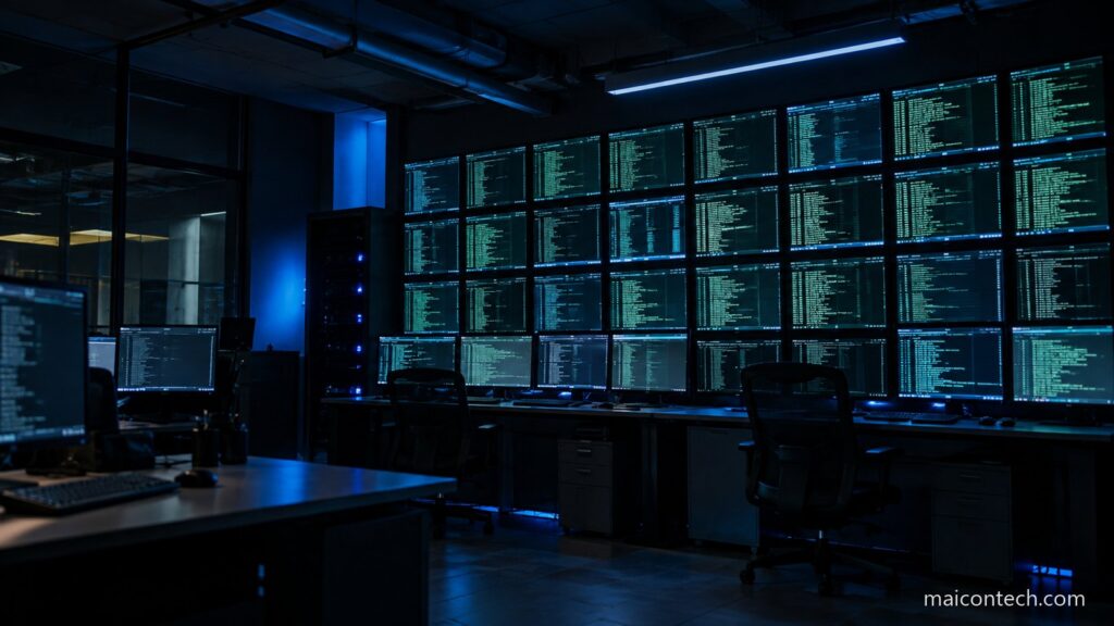 Sala escura com uma parede de monitores ligados a mostrar linhas de texto de terminal em verde e azul, com cadeiras de escritorio vazias em frente as secretarias