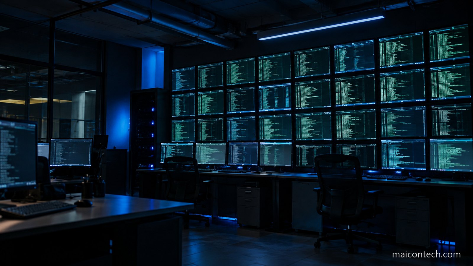 Sala escura com uma parede de monitores ligados a mostrar linhas de texto de terminal em verde e azul, com cadeiras de escritório vazias em frente às secretárias