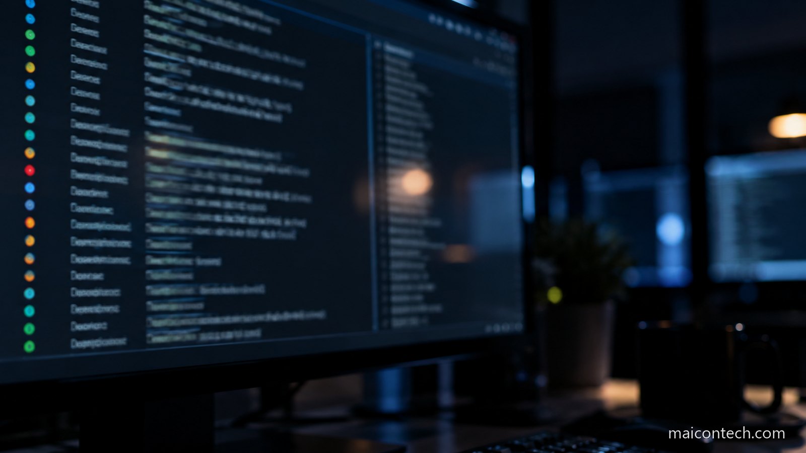 Monitor de computador numa sala às escuras a mostrar um registo de eventos em colunas, com pontos coloridos de estado à esquerda e o resto do escritório desfocado ao fundo