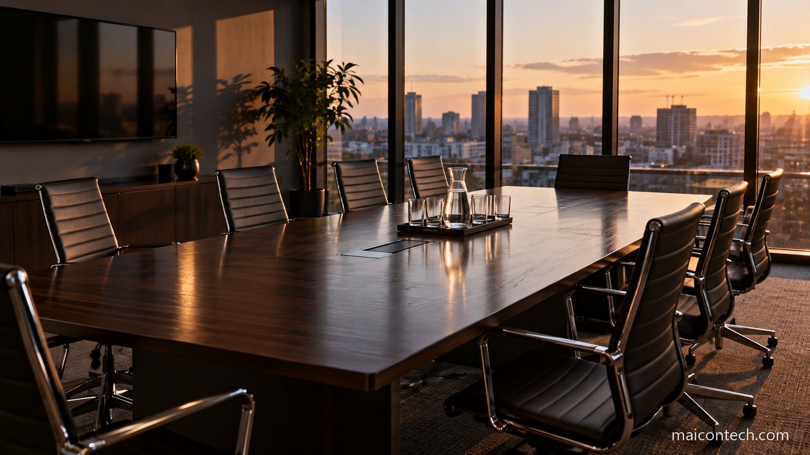 Sala de reuniões vazia com mesa comprida de madeira escura, cadeiras de pele iguais dos dois lados e um jarro de água ao centro, com janelas altas e a cidade ao pôr do sol
