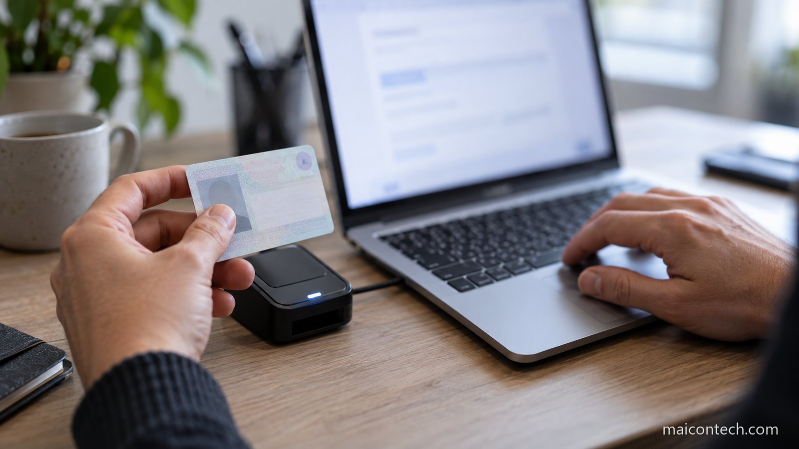 Mão segurando um cartão de identificação junto a um leitor ligado ao computador portátil