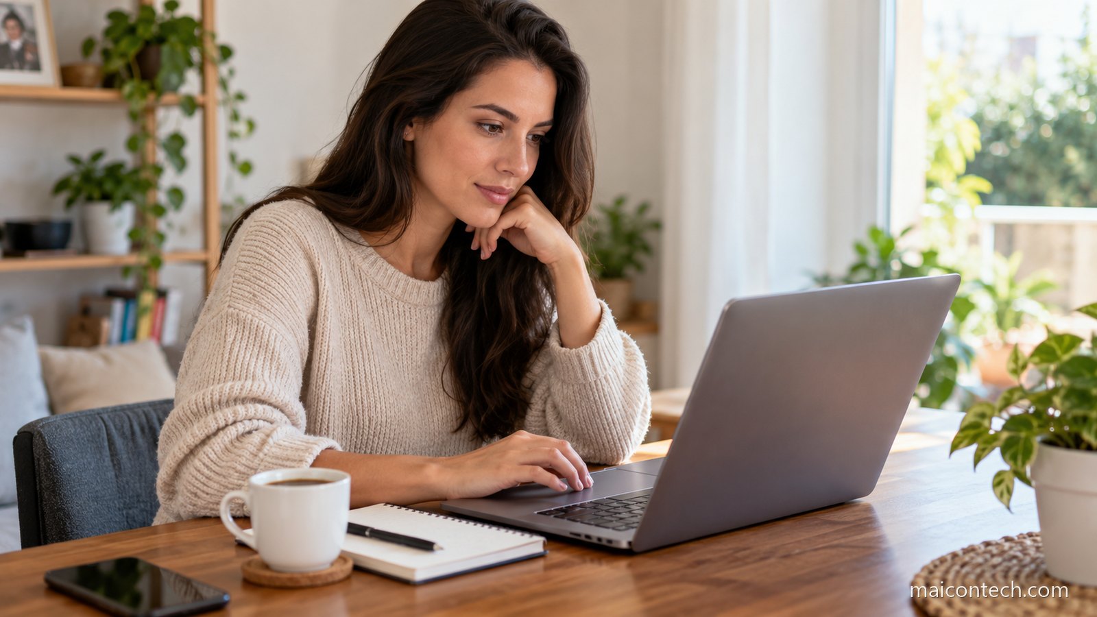 Mulher preenchendo um formulário no computador em casa