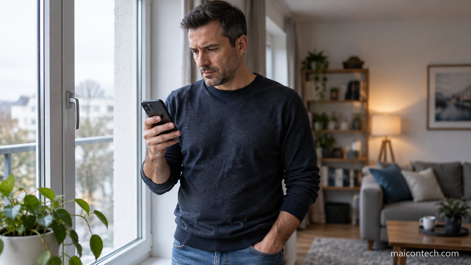 Homem junto à janela lendo uma notificação no telemóvel com expressão atenta