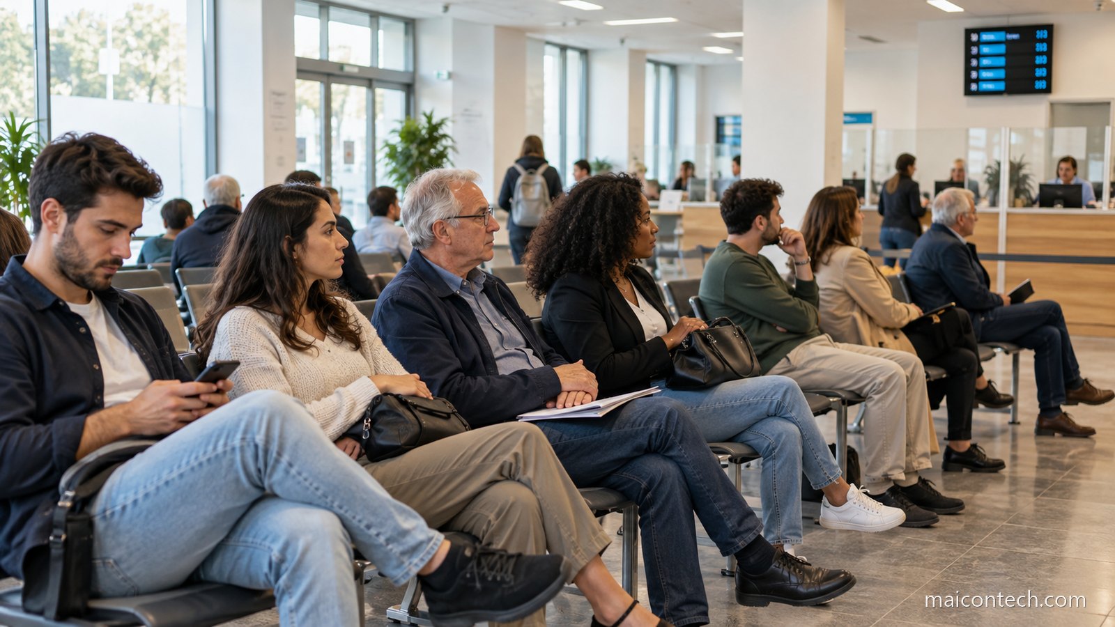 Pessoas sentadas na sala de espera de um serviço público, aguardando atendimento