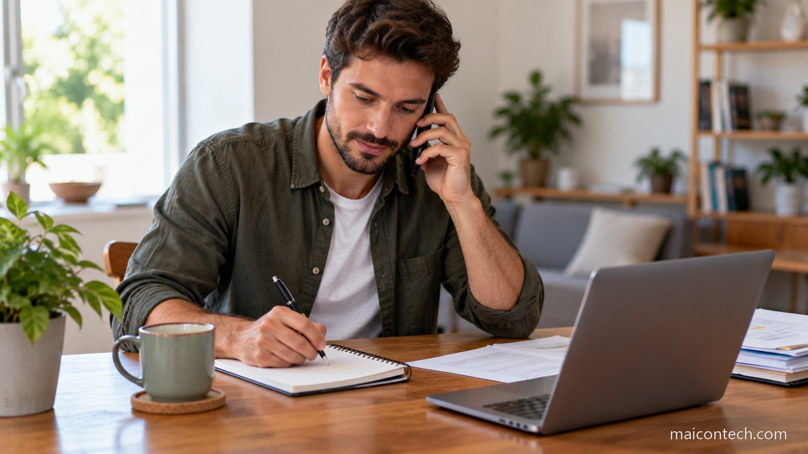 Homem ao telefone anotando informações num caderno