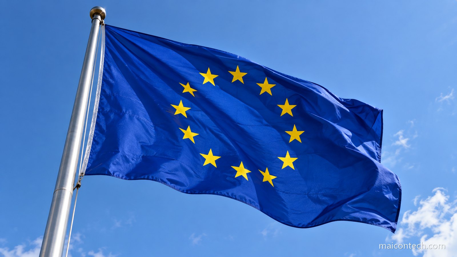 Bandeira da União Europeia a tremular contra o céu