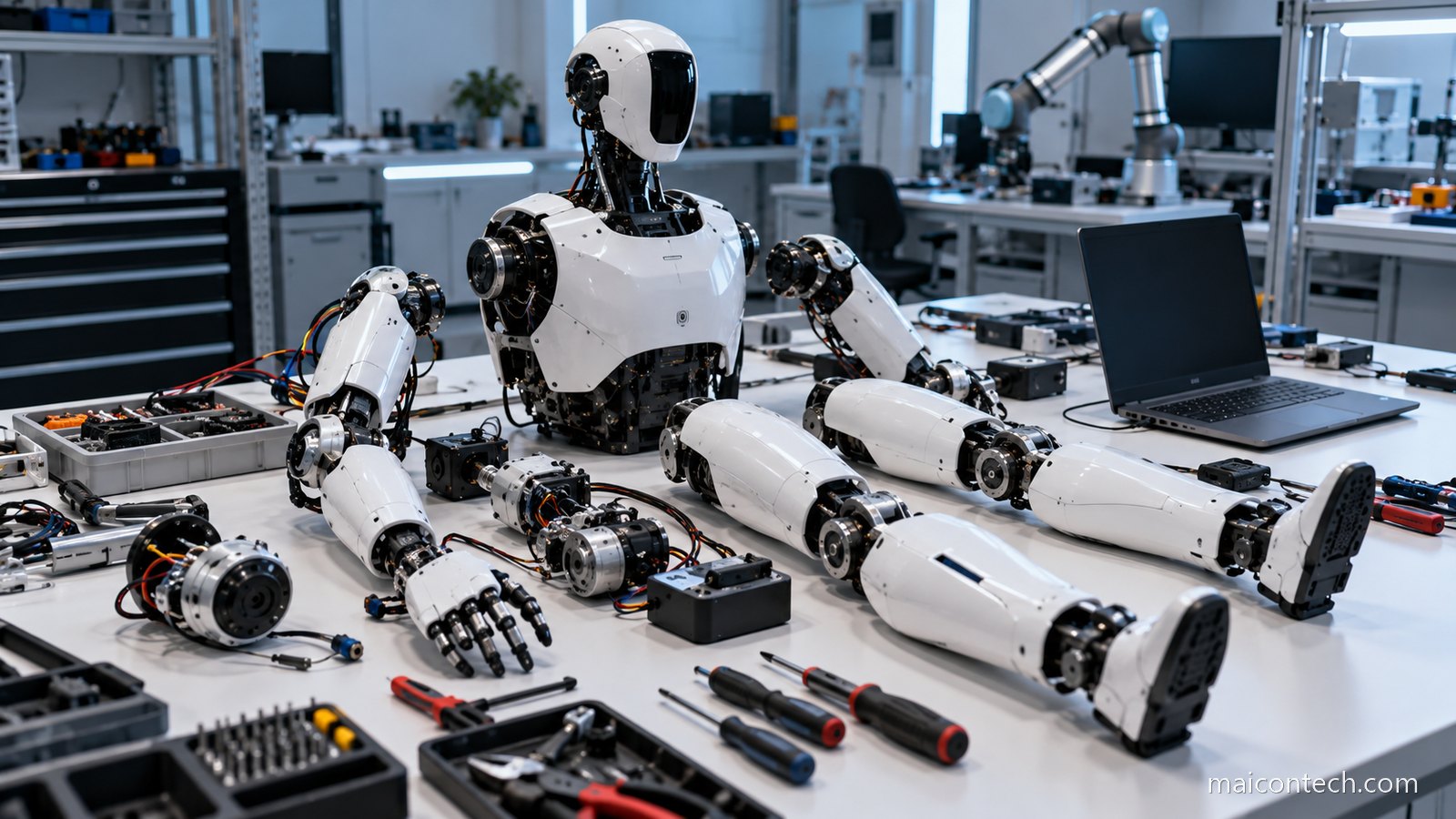 Bancada de laboratório de robótica com o tronco e os membros de um robô humanoide desmontados, ao lado de ferramentas e um portátil