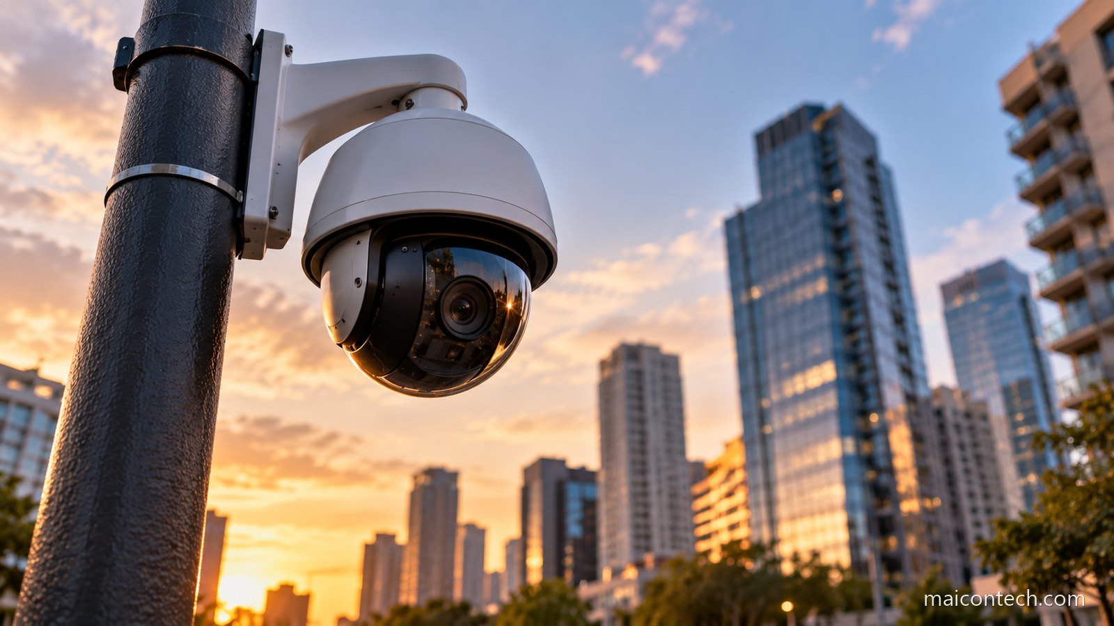 Câmara de videovigilância num poste, vista de baixo, com prédios de uma cidade ao pôr do sol ao fundo
