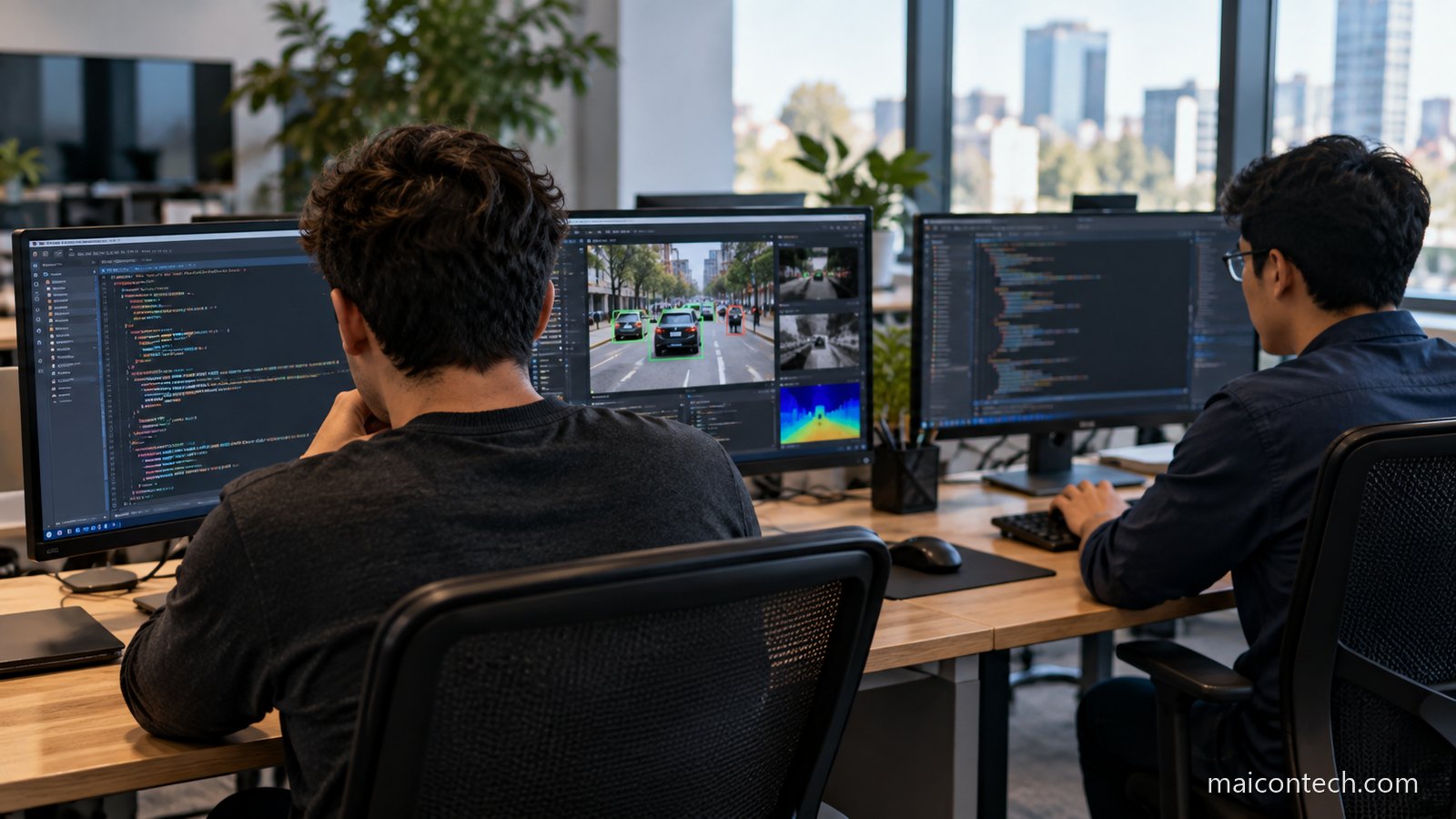 Dois programadores de costas em frente a monitores com código e uma janela de visão computacional a identificar carros na rua