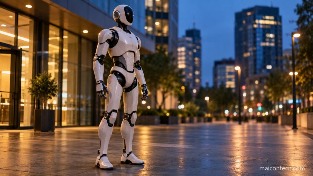 Robô humanoide branco parado num passeio de cidade ao anoitecer, com prédios iluminados ao fundo