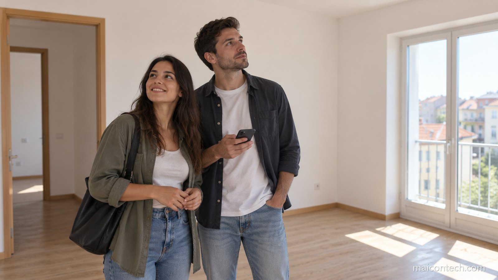 Casal jovem observa a sala vazia de um apartamento com luz a entrar pela janela
