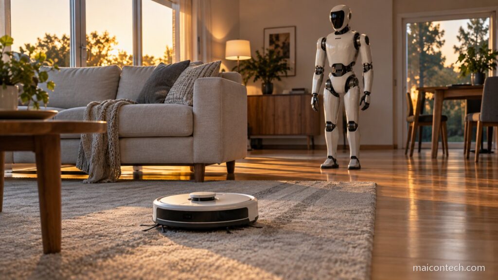 Aspirador robo a limpar o tapete de uma sala enquanto um robo humanoide esta parado ao fundo