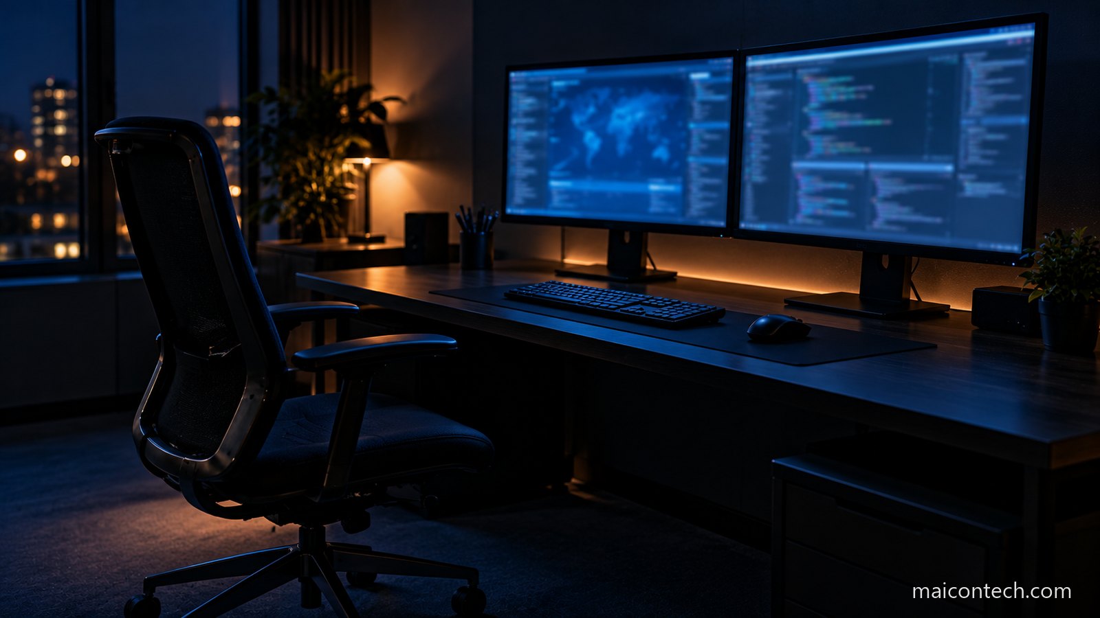 Cadeira de escritório vazia em frente a dois monitores ligados numa sala escura