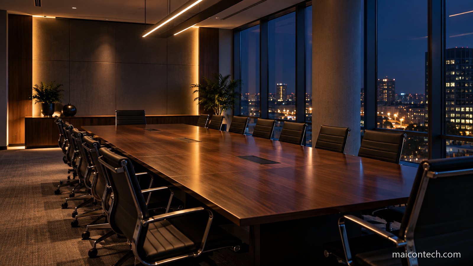 Sala de reuniões institucional vazia ao anoitecer, com vista sobre a cidade