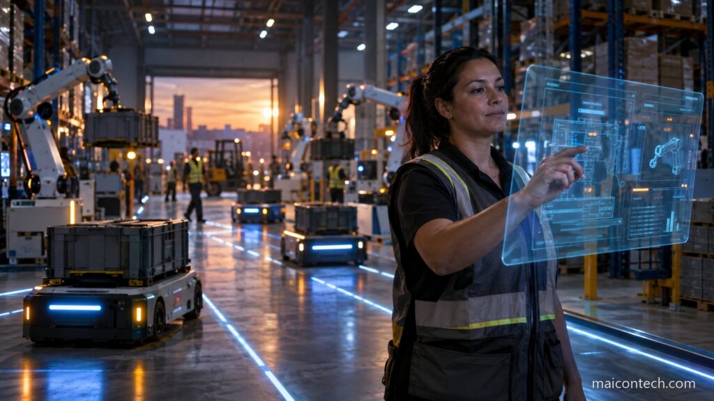 Operaria de colete refletor comanda um painel holografico num armazem automatizado, com bracos roboticos e veiculos autonomos ao fundo