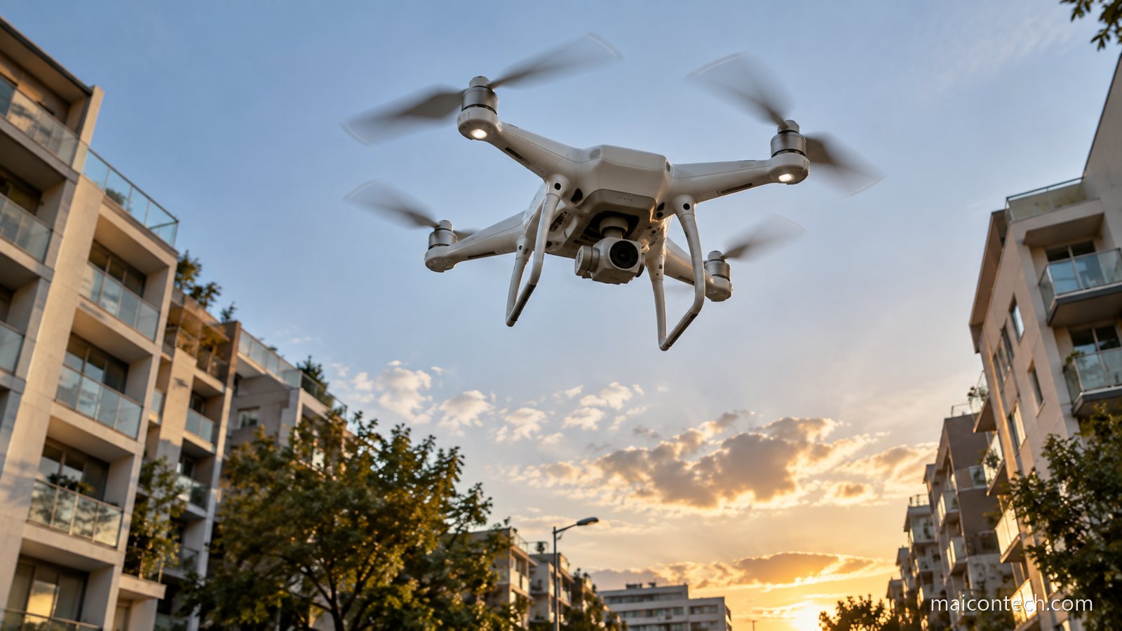Drone quadricóptero branco a voar entre prédios de uma rua residencial ao fim da tarde