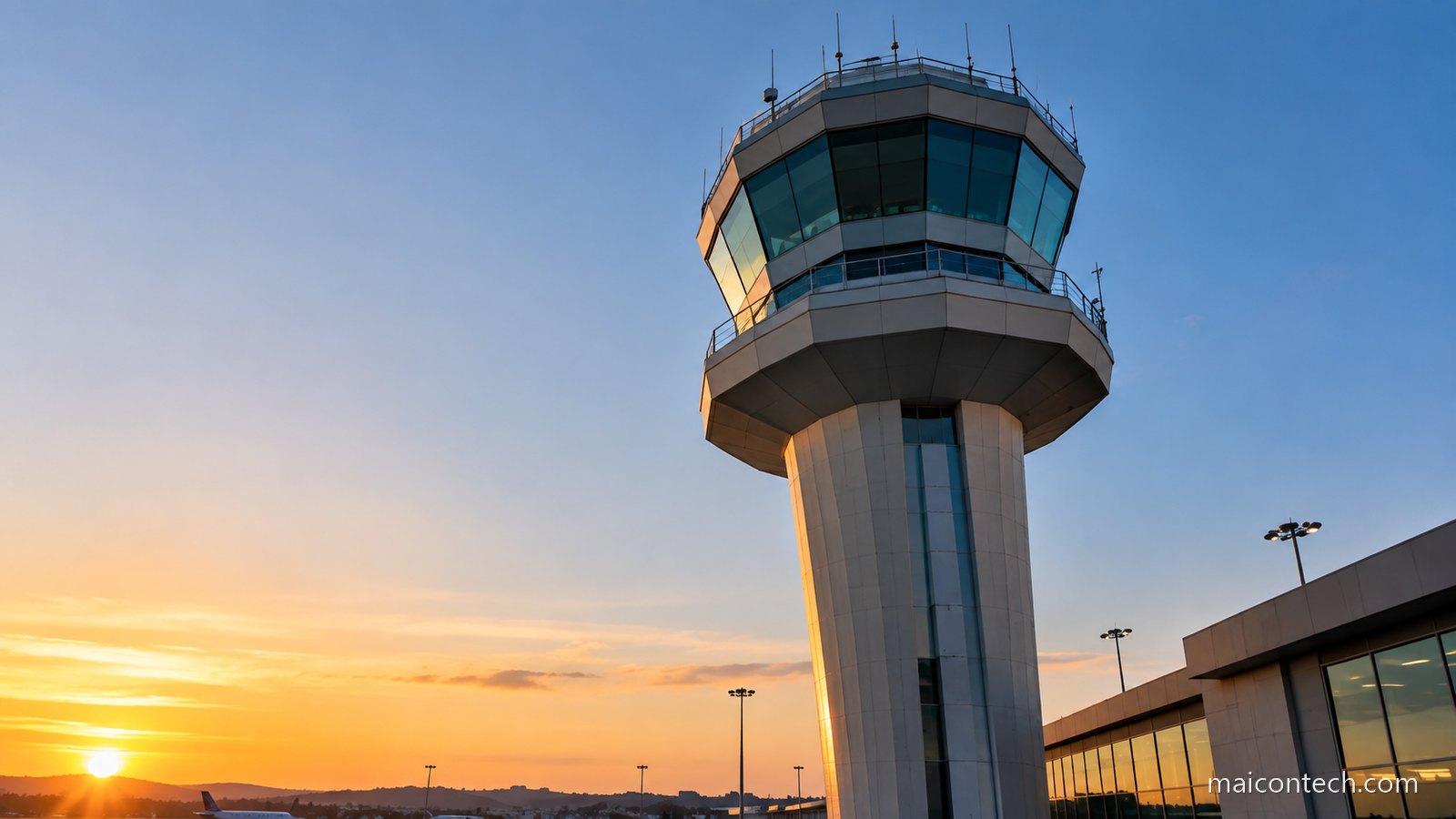 Torre de controlo de tráfego aéreo vista de baixo ao amanhecer