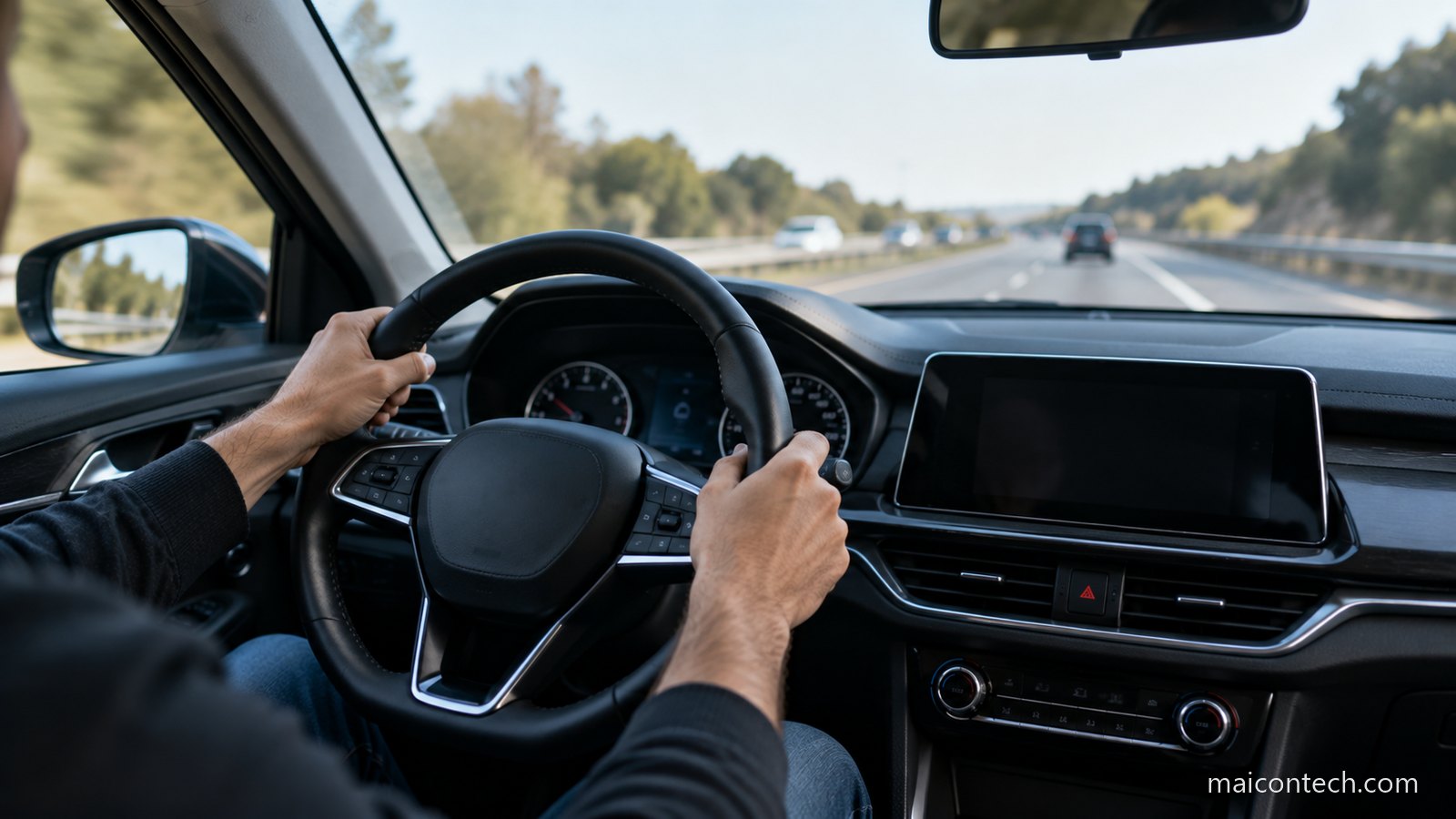 Mãos de um condutor no volante de um carro moderno em autoestrada