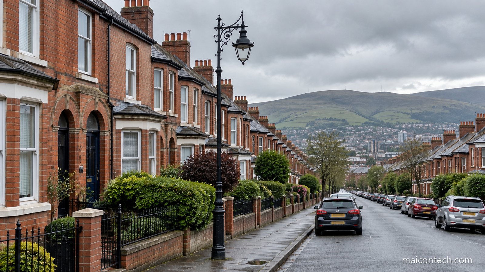 Rua residencial em Belfast com casas geminadas de tijolo vermelho, poste de iluminacao vitoriano e colinas verdes ao fundo