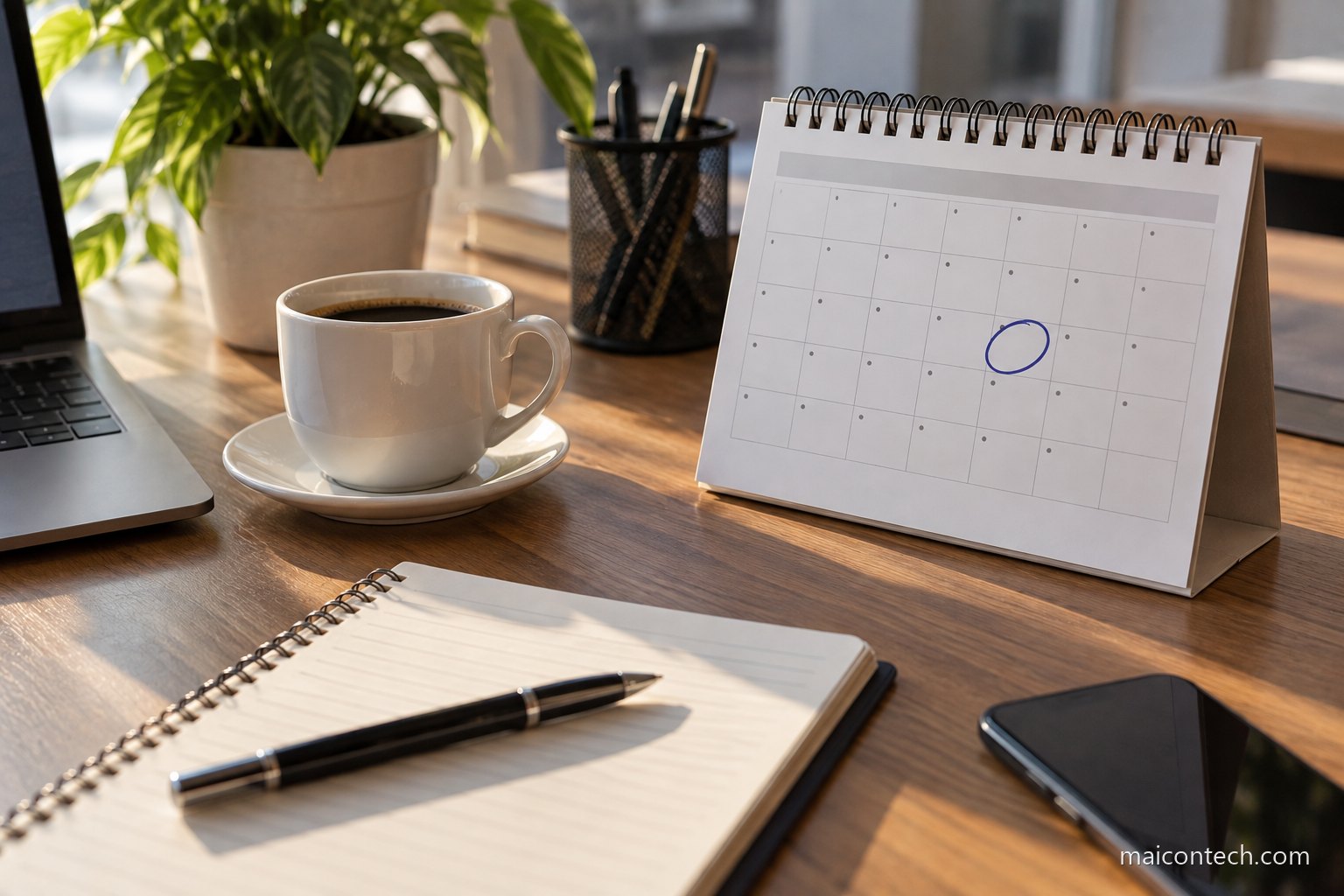 Calendario de secretaria com uma data assinalada a caneta, ao lado de uma chavena de cafe e de um caderno
