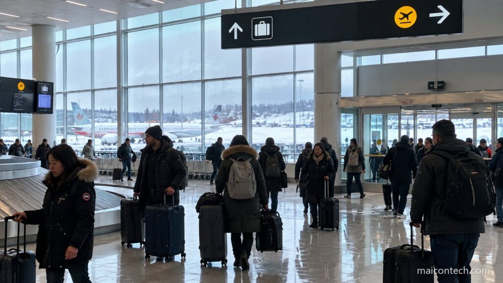 Passageiros com casacos de inverno e malas na zona de chegadas de um aeroporto canadiano, com avioes e neve visiveis pelas janelas