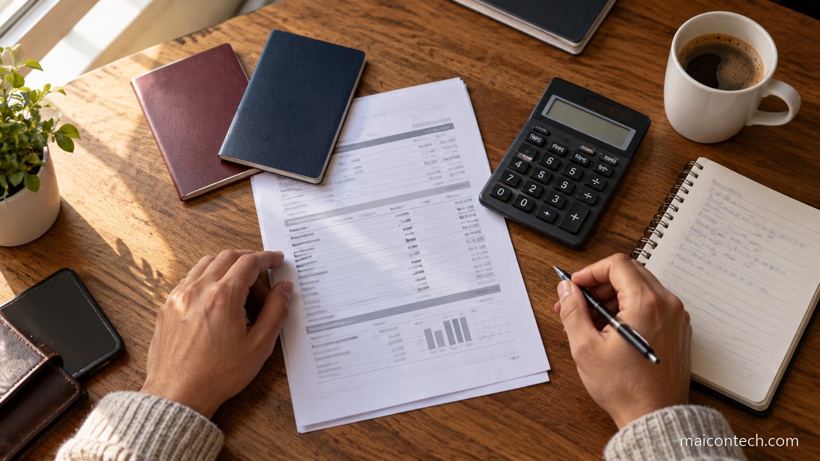 Mãos sobre uma mesa com dois passaportes, extrato impresso, calculadora e caderno de anotações