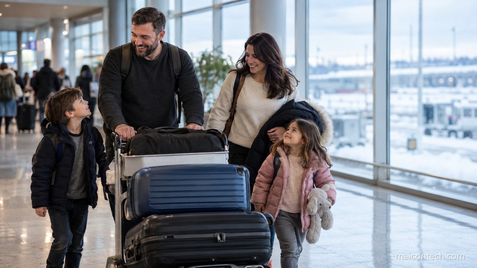 Casal com dois filhos e carrinho de bagagem num saguão de aeroporto, com neve visível pela janela