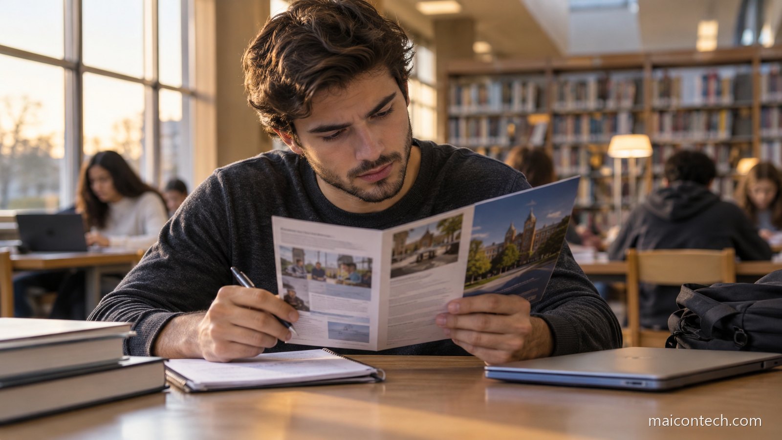 Estudante a ler um folheto de curso numa biblioteca de colégio, com caderno e portátil sobre a mesa