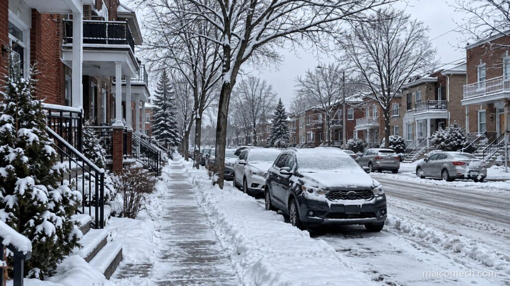 Rua residencial canadiana no inverno, com casas de tijolo e varandas, neve nos passeios e carros cobertos de neve