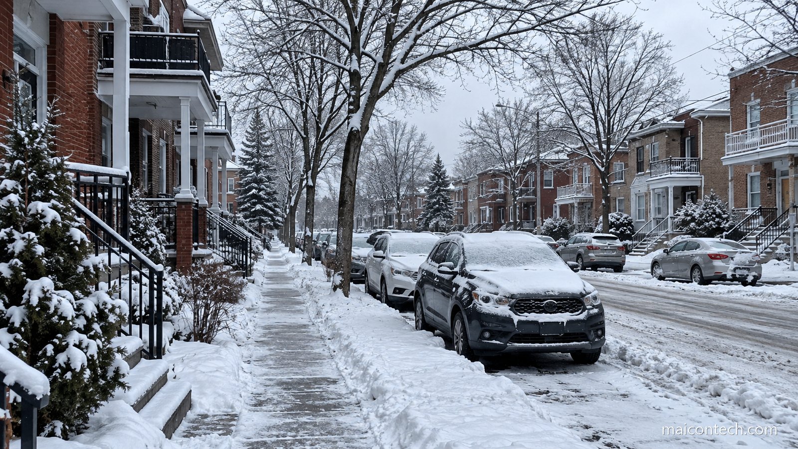 Rua residencial canadiana no inverno, com casas de tijolo e varandas, neve nos passeios e carros cobertos de neve