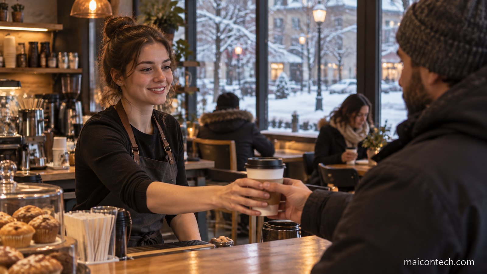Funcionária de avental entrega um copo de café a um cliente num café canadiano, com rua nevada pela janela