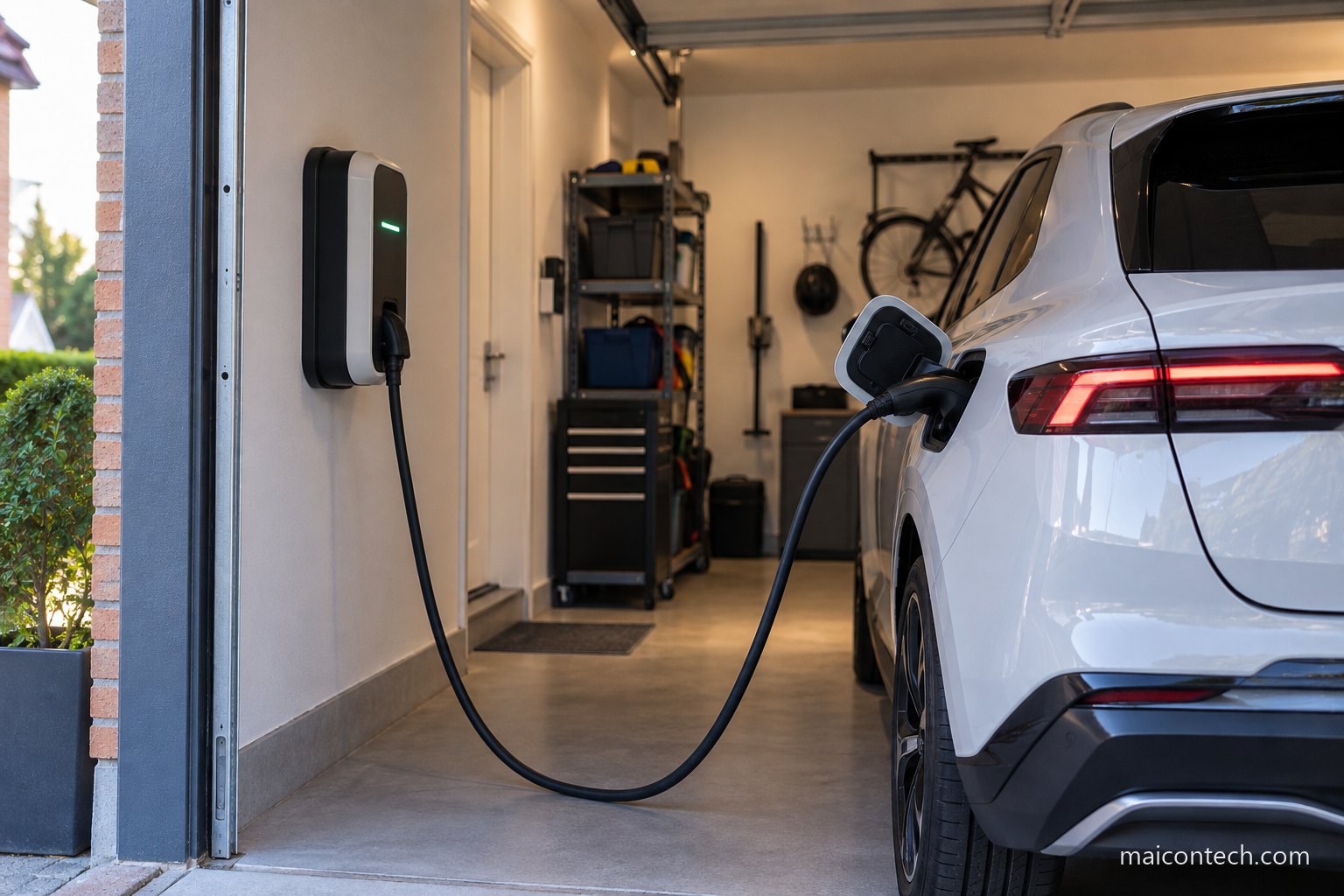 Carro eletrico branco a carregar numa garagem de casa, ligado a um carregador de parede
