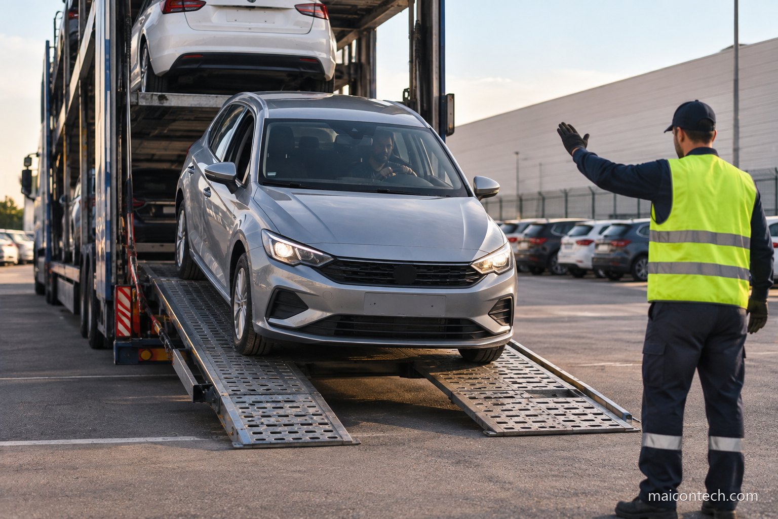 Automovel a ser descarregado de um camiao porta-carros num parque logistico, com um operario de colete refletor a orientar a manobra