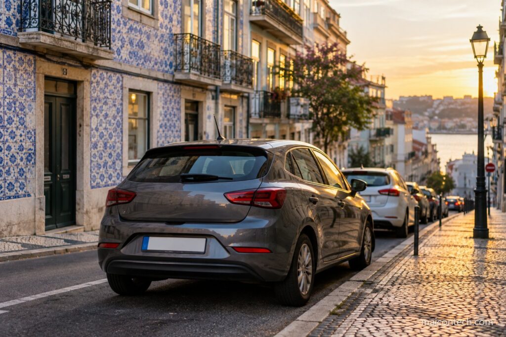 Carro estacionado numa rua de uma cidade portuguesa ao fim da tarde, com fachadas de azulejo e calcada no passeio