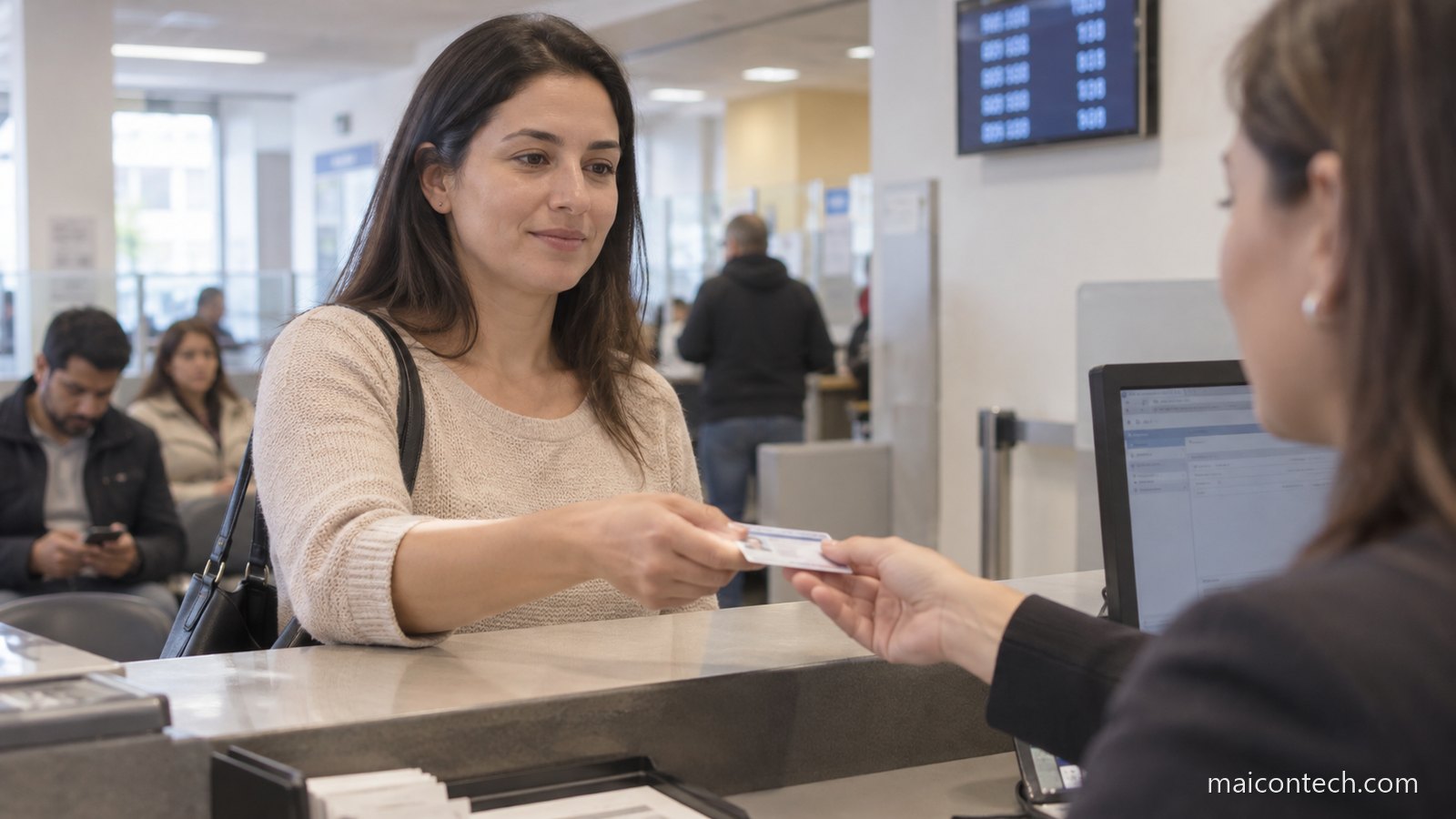 Mulher entrega a carta de condução a uma funcionária num balcão de atendimento público, com senha eletrónica ao fundo