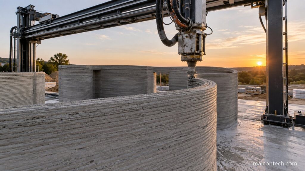 Impressora 3D de construcao a depositar betao formando a parede curva de uma casa