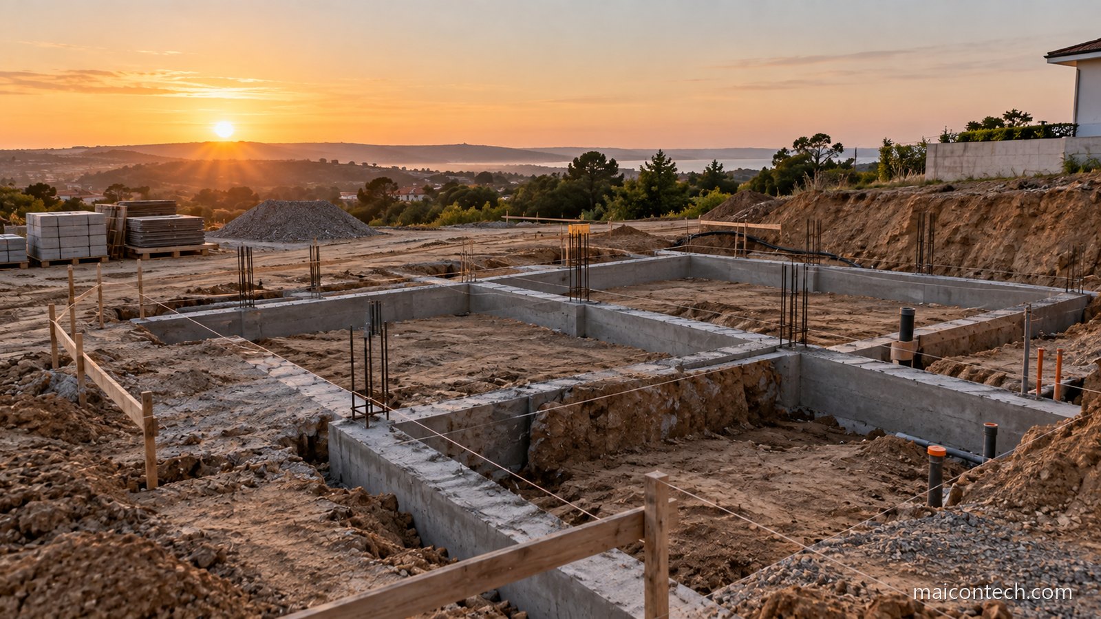 Fundações de betão abertas num terreno de construção ao amanhecer