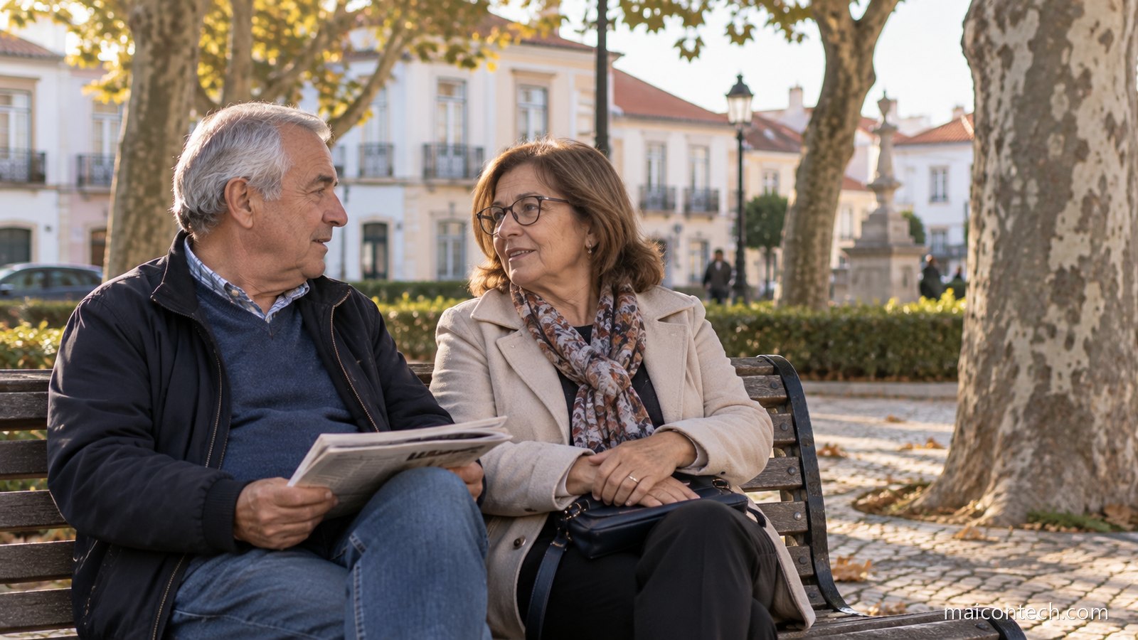 Casal de idosos sentado num banco de jardim a conversar, com jornal na mao, num dia de sol