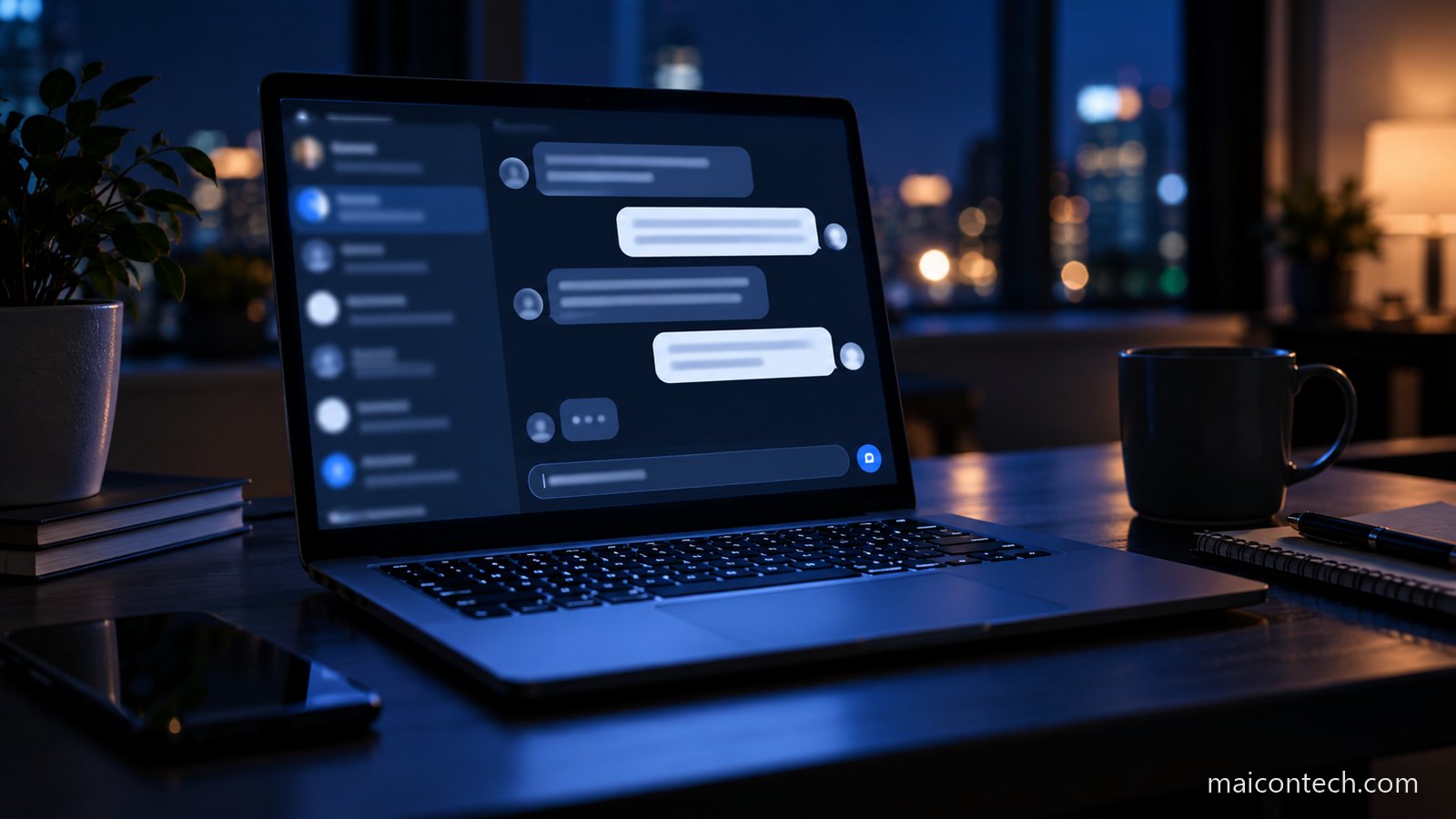 Portátil aberto sobre uma secretária à noite, com o ecrã a mostrar uma interface de conversa em balões escuros e claros, e a cidade iluminada desfocada ao fundo