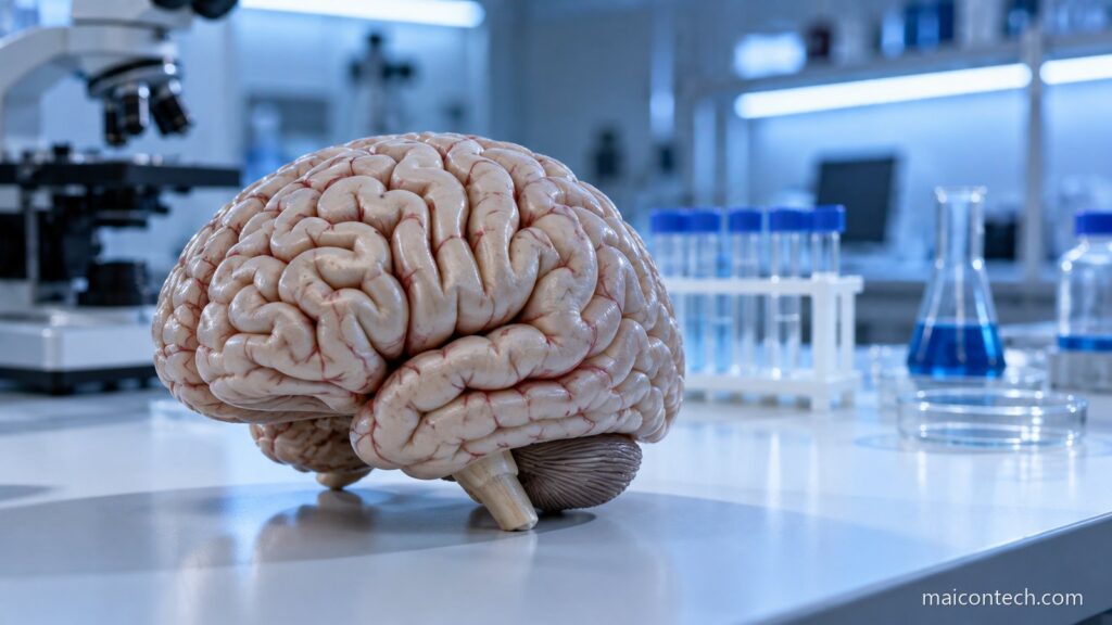 Modelo anatomico de cerebro humano sobre uma bancada de laboratorio