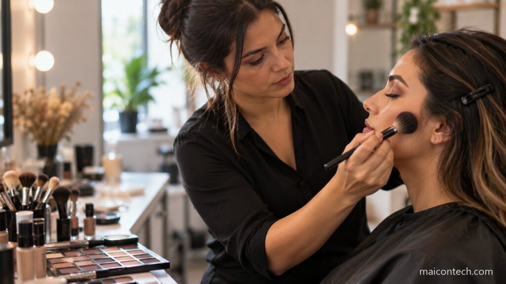Maquilhadora profissional a aplicar maquilhagem com pincel no rosto de uma cliente num estudio com luz natural