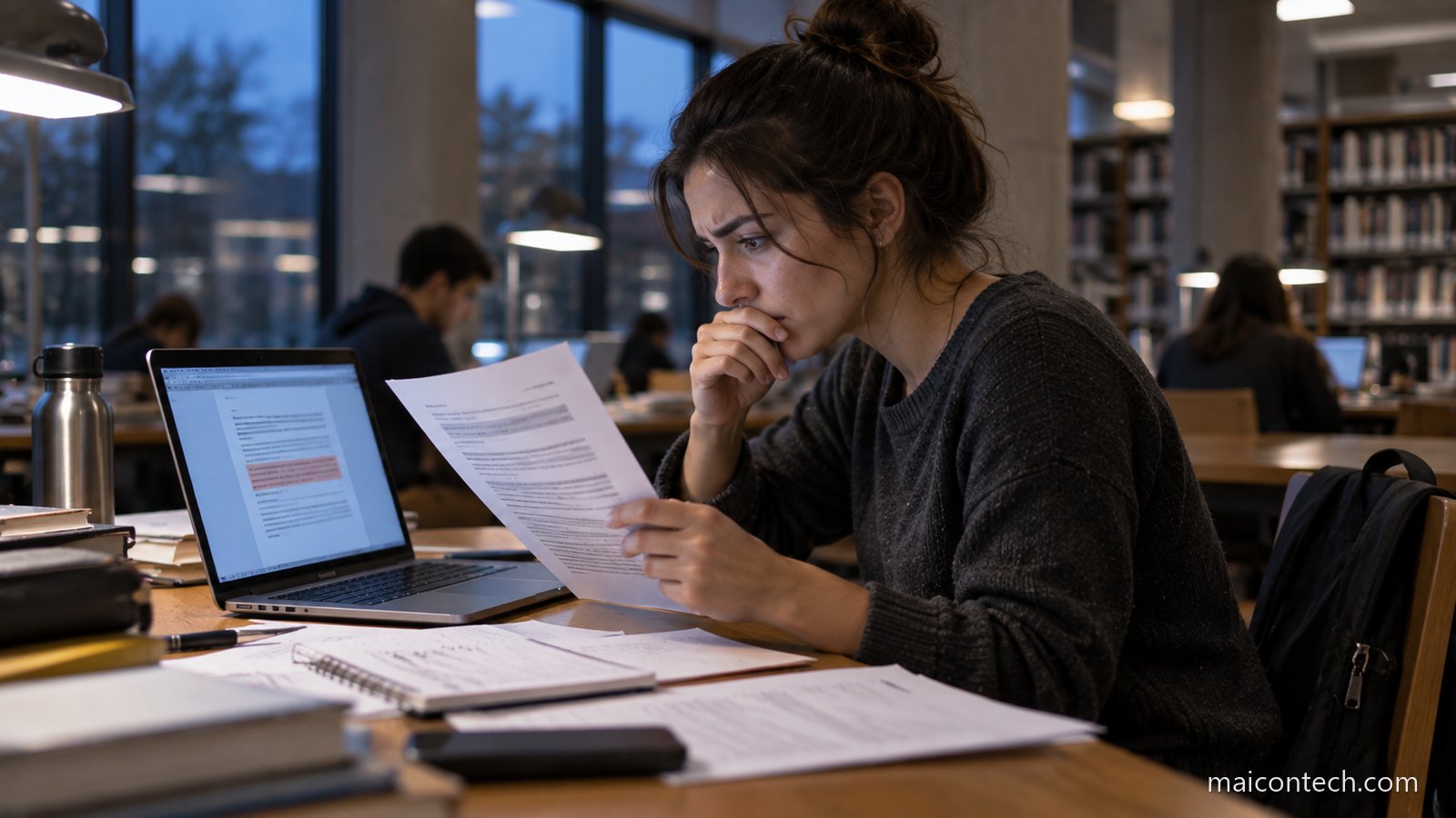 Jovem numa sala de estudo compara uma folha impressa com o ecra do computador portatil, com expressao preocupada