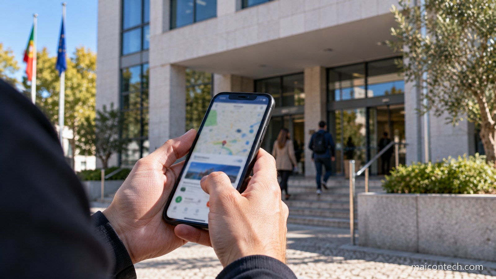 Maos a consultar um telemovel em frente a um edificio publico, com bandeiras de Portugal e da Uniao Europeia