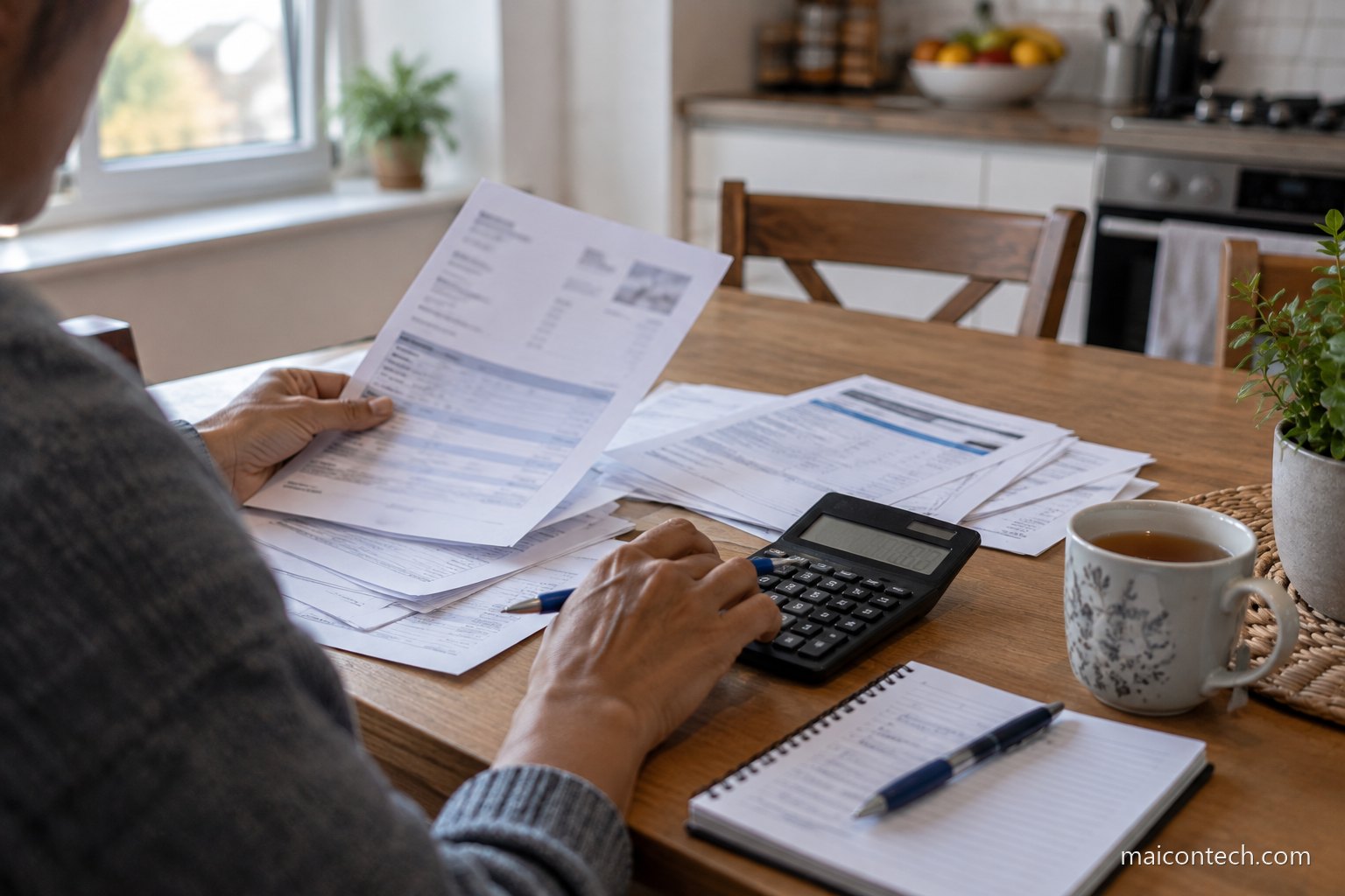 Pessoa sentada a mesa da cozinha a conferir faturas de servicos em papel, com calculadora, caderno e chavena de cha