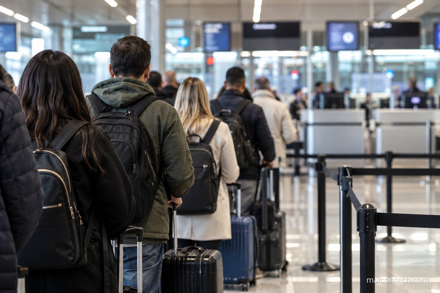 Fila de passageiros com mochilas e malas a aguardar no controlo de fronteira de um aeroporto, vista de tras