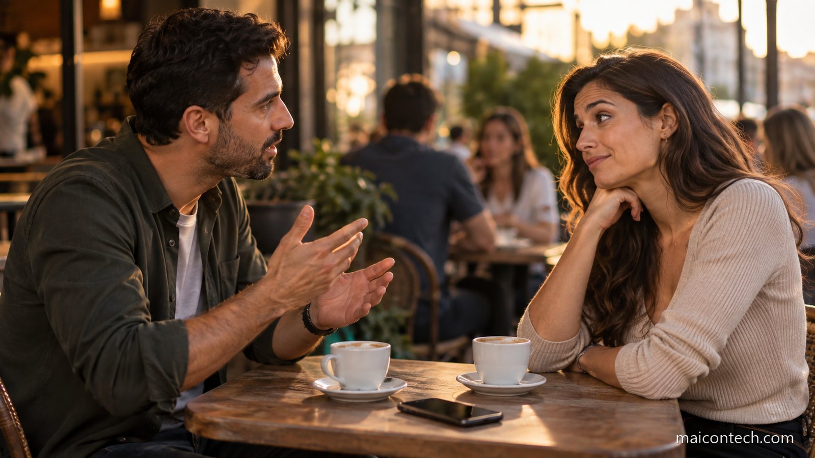 Duas pessoas sentadas frente a frente numa mesa de cafe em conversa animada e em desacordo