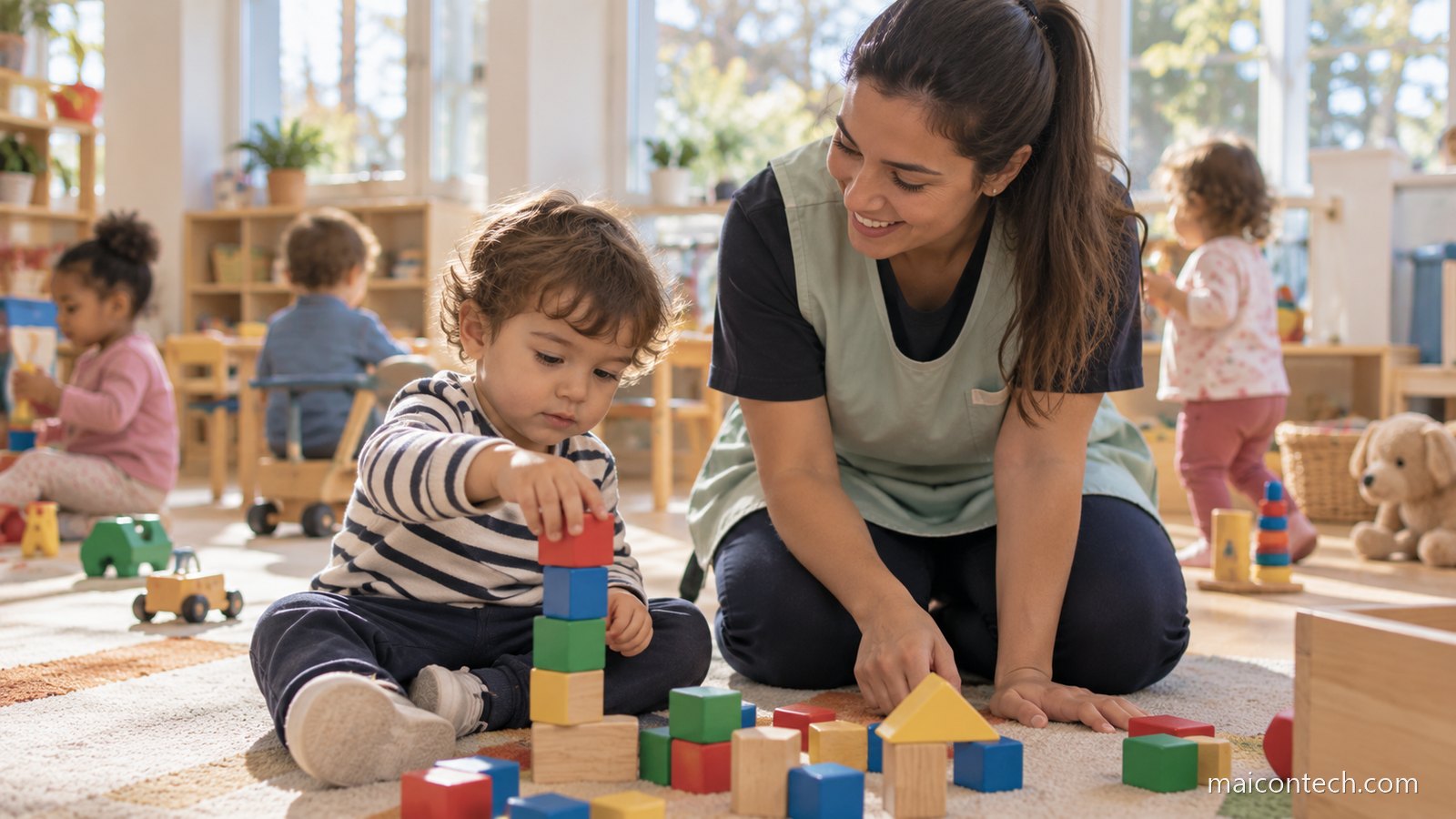 Criança pequena brinca com blocos de madeira no chão de uma sala de creche, com uma educadora ao lado